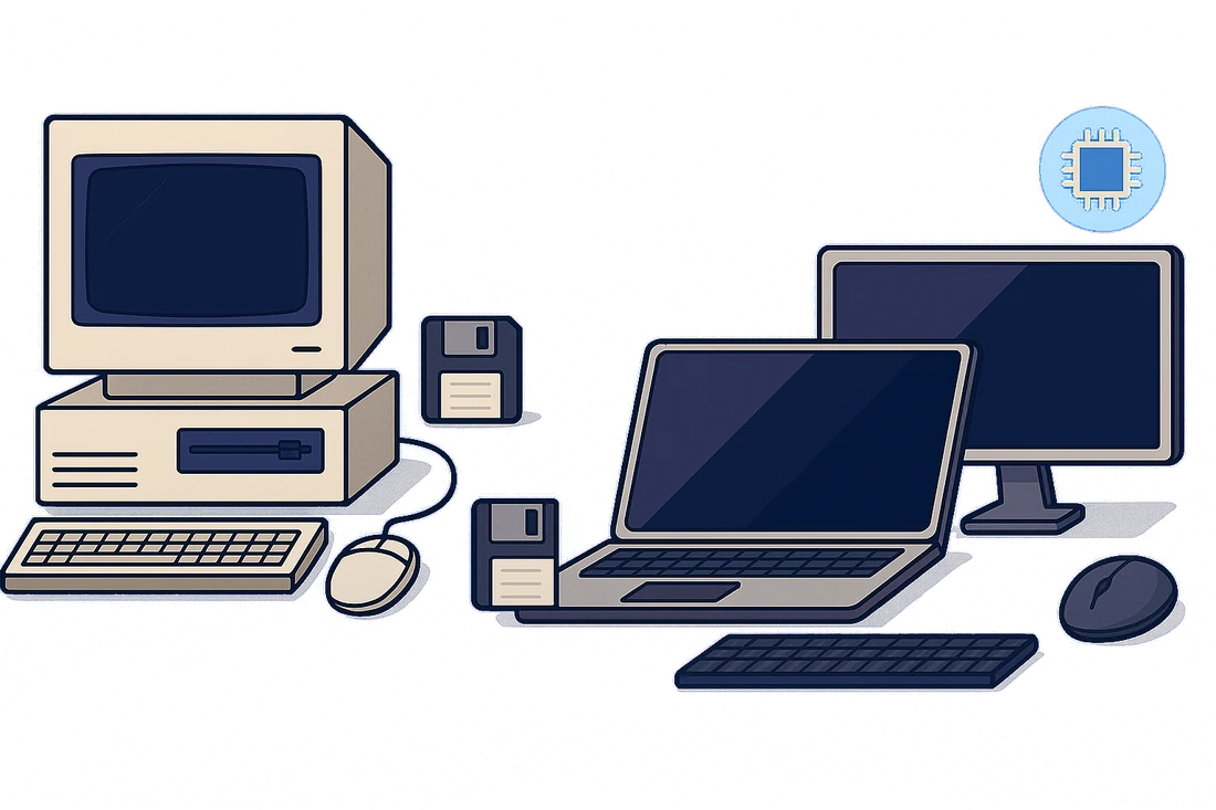 Ilustrace: počítače od retro PC s disketou po dnešní notebook a monitor